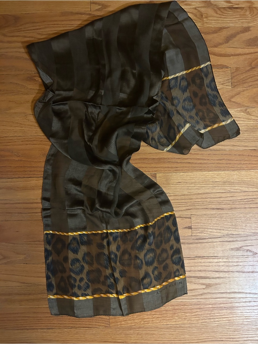 Anne Klein Brown and Black Leopard-Trim Silk Scarf